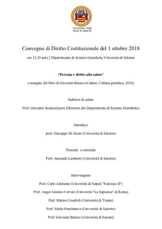 Locandina del convegno di diritto costituzionale "Persona e diritto alla salute"